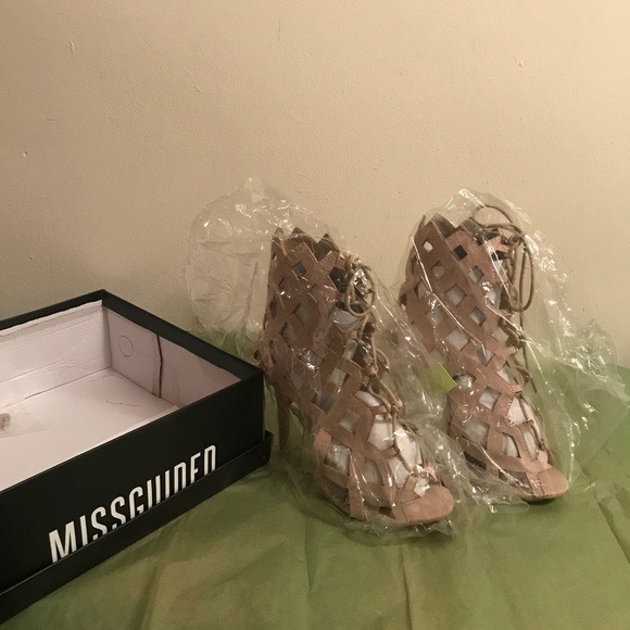 Laser Cut Lace Up Gladiator Heels - Blush Suede - Picture 2 of 8